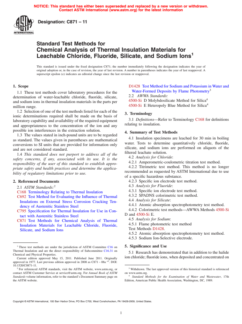 ASTM C871-11 - Standard Test Methods for  Chemical Analysis of Thermal Insulation Materials for Leachable Chloride, Fluoride, Silicate, and Sodium Ions