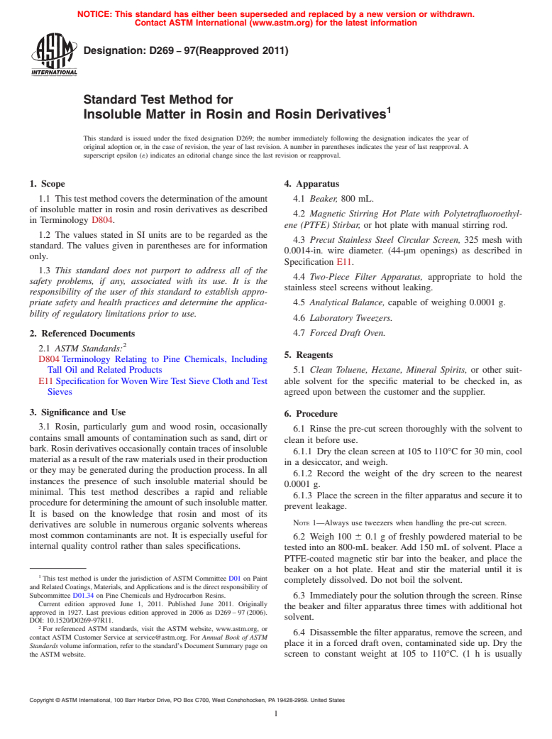 ASTM D269-97(2011) - Standard Test Method for Insoluble Matter in Rosin and Rosin Derivatives