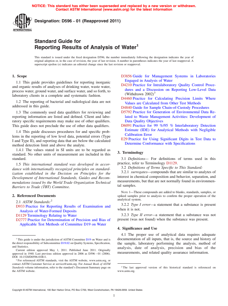 ASTM D596-01(2011) - Standard Guide for Reporting Results of Analysis of Water