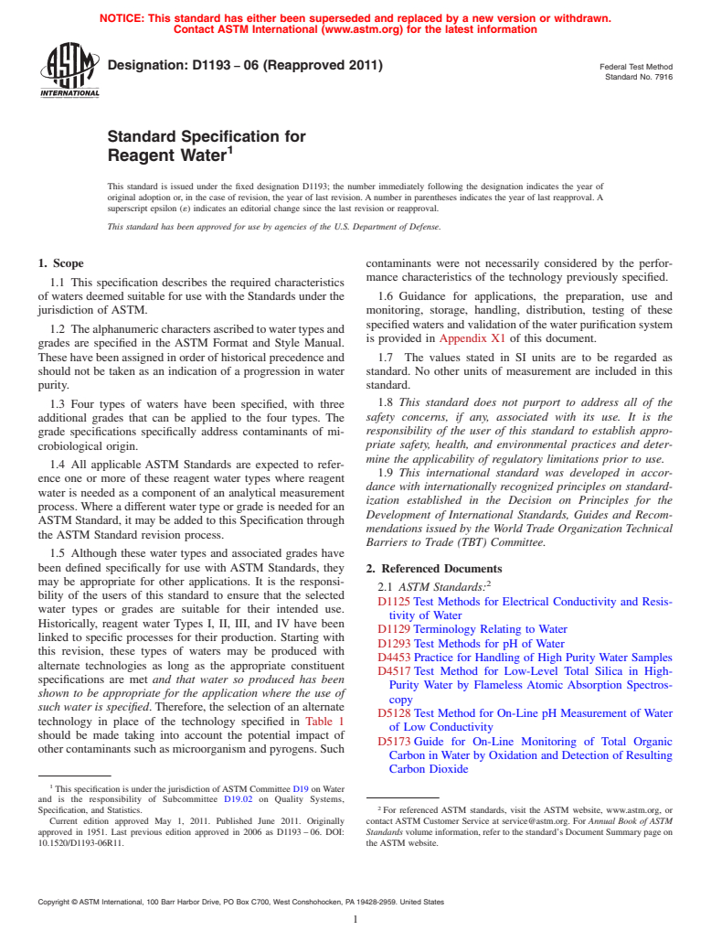 ASTM D1193-06(2011) - Standard Specification for Reagent Water