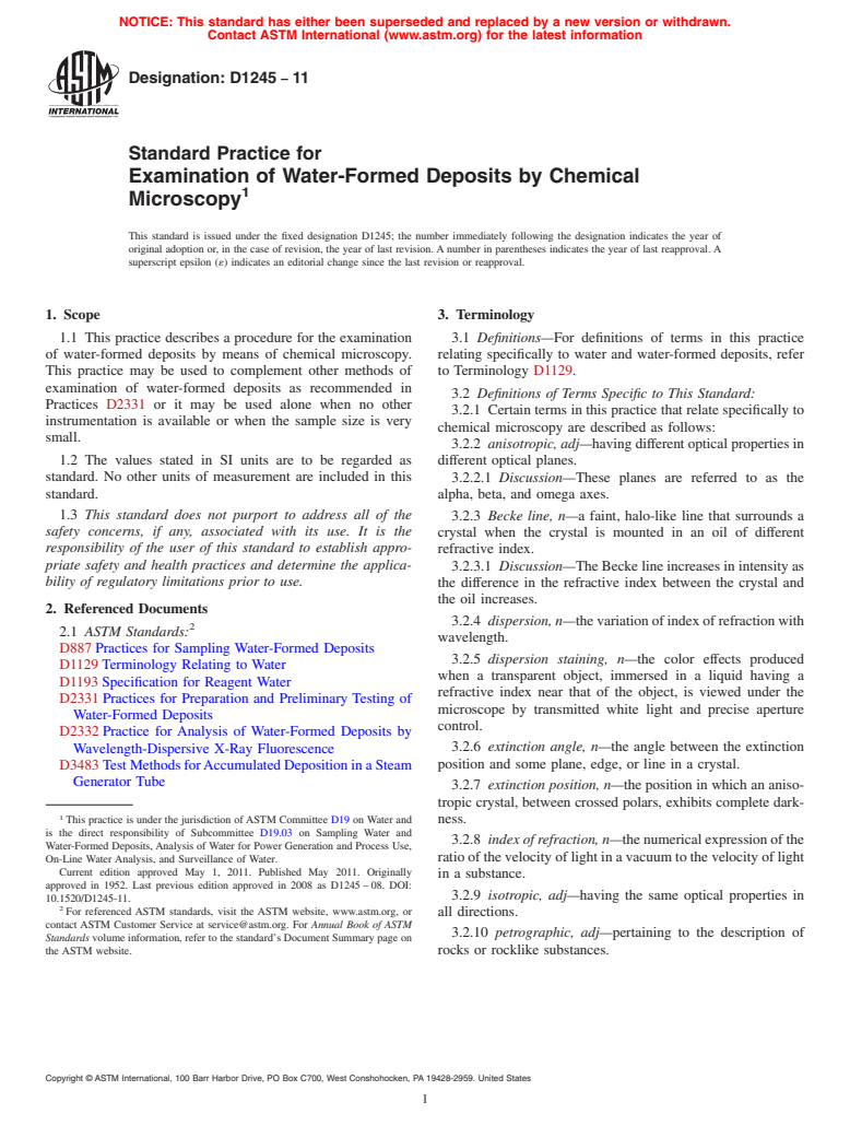 ASTM D1245-11 - Standard Practice for  Examination of Water-Formed Deposits by Chemical Microscopy