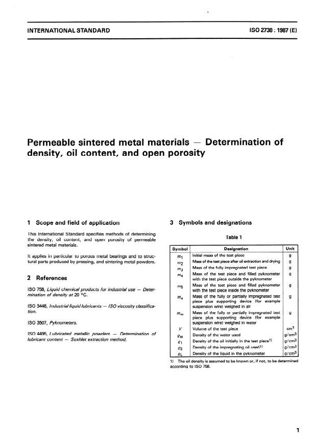ISO 2738:1987 - Permeable sintered metal materials -- Determination of density, oil content, and open porosity