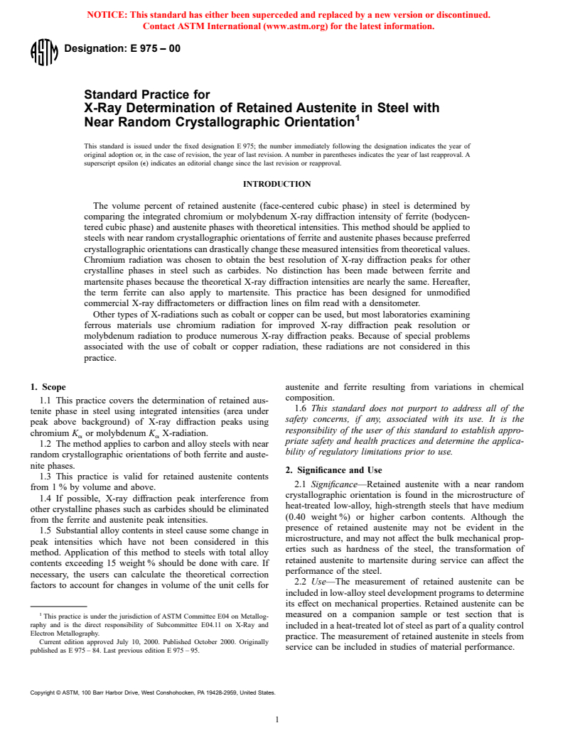 ASTM E975-00 - Standard Practice for X-Ray Determination of Retained Austenite in Steel with Near Random Crystallographic Orientation