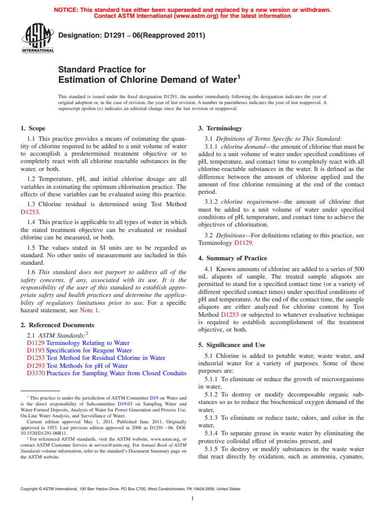 ASTM D1291-06(2011) - Standard Practice for Estimation of Chlorine Demand of Water