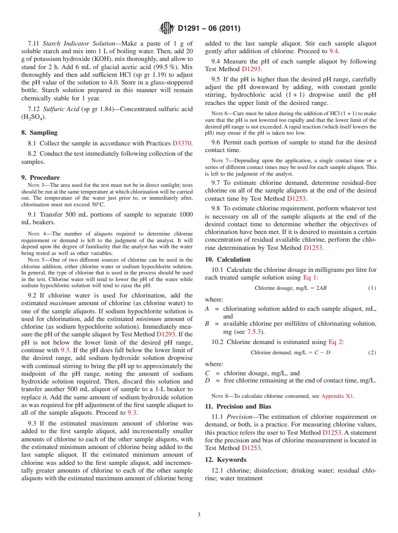 ASTM D1291-06(2011) - Standard Practice for Estimation of Chlorine Demand of Water