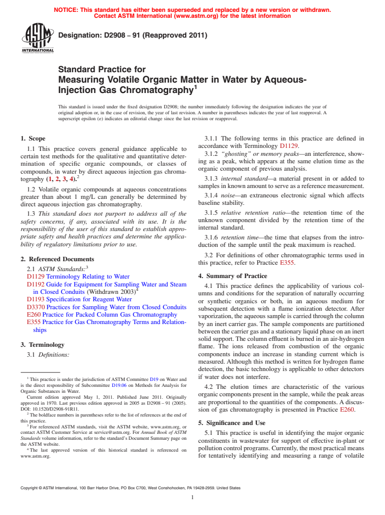 ASTM D2908-91(2011) - Standard Practice for Measuring Volatile Organic Matter in Water by Aqueous-Injection Gas Chromatography