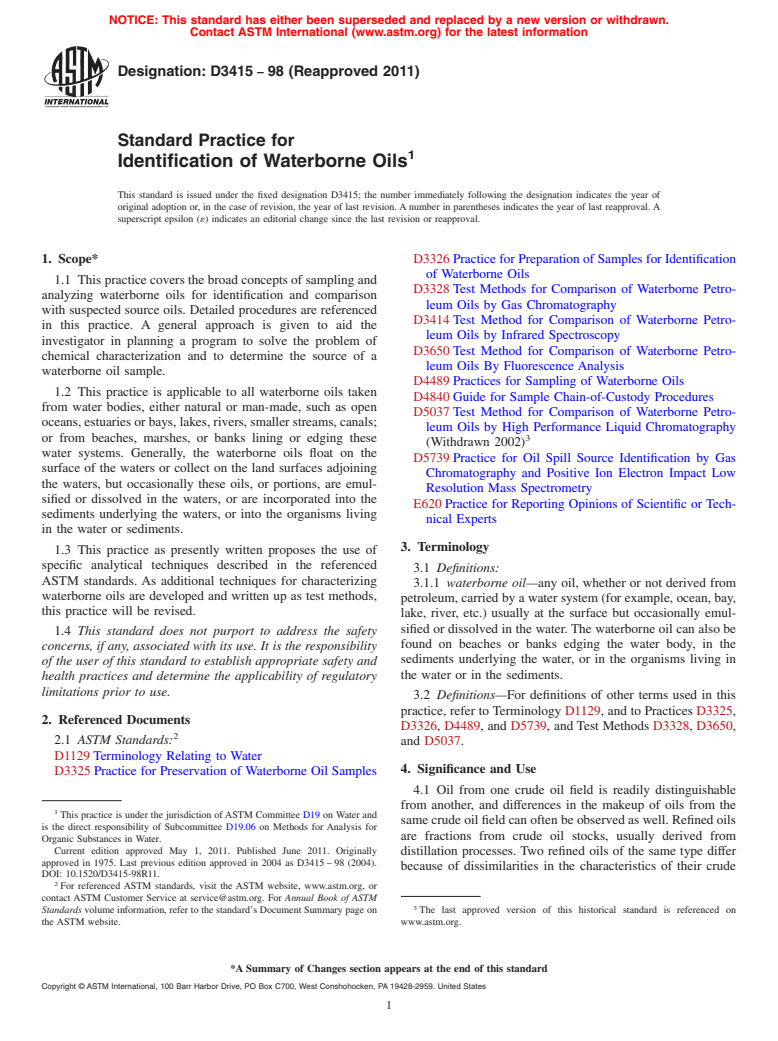 ASTM D3415-98(2011) - Standard Practice for Identificaiton of Waterborne Oils