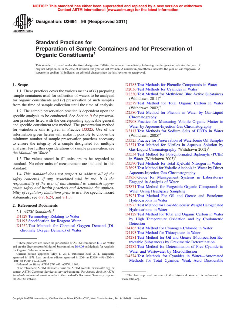 ASTM D3694-96(2011) - Standard Practices for Preparation of Sample Containers and for Preservation of Organic Constituents