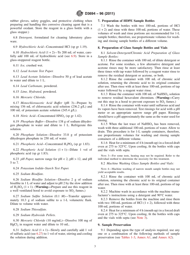 ASTM D3694-96(2011) - Standard Practices for Preparation of Sample Containers and for Preservation of Organic Constituents