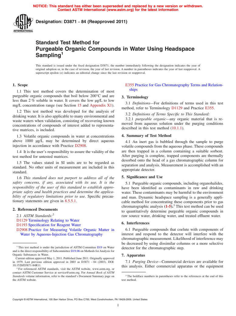 ASTM D3871-84(2011) - Standard Test Method for Purgeable Organic Compounds in Water Using Headspace Sampling