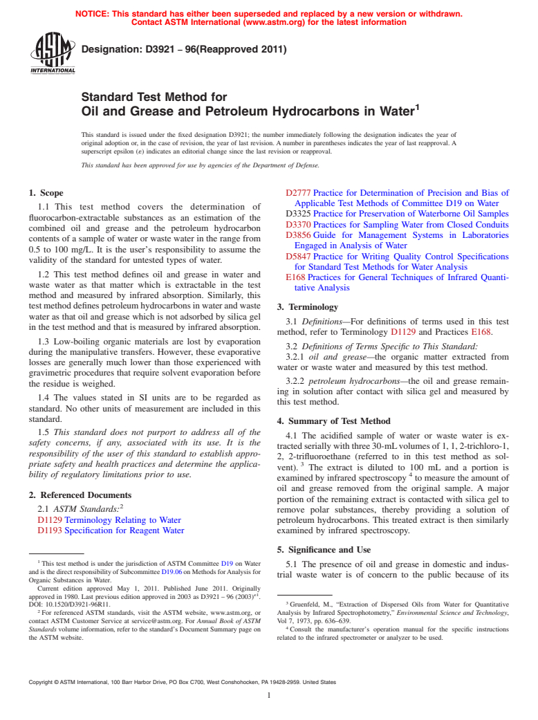 ASTM D3921-96(2011) - Standard Test Method for Oil and Grease and Petroleum Hydrocarbons in Water (Withdrawn 2013)