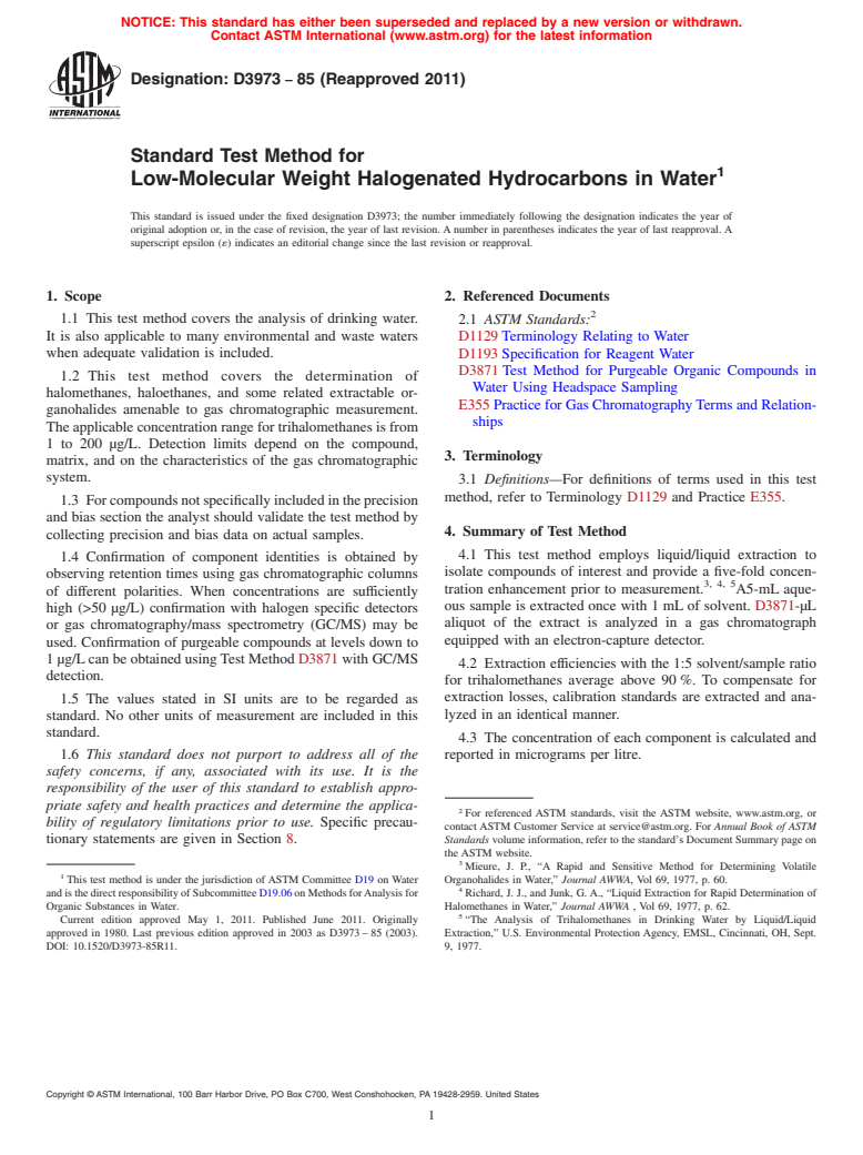 ASTM D3973-85(2011) - Standard Test Method for Low-Molecular Weight Halogenated Hydrocarbons in Water