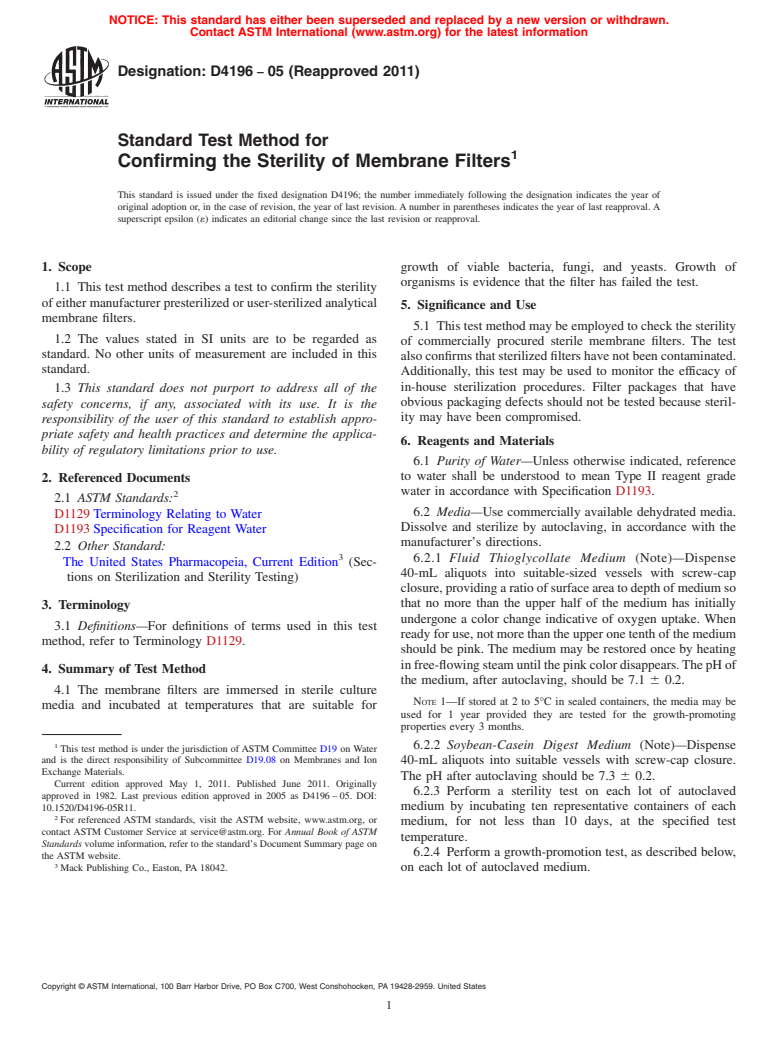 ASTM D4196-05(2011) - Standard Test Method for Confirming the Sterility of Membrane Filters