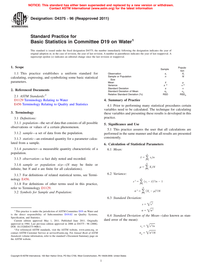 ASTM D4375-96(2011) - Standard Practice for Basic Statistics in Committee D-19 on Water (Withdrawn 2018)