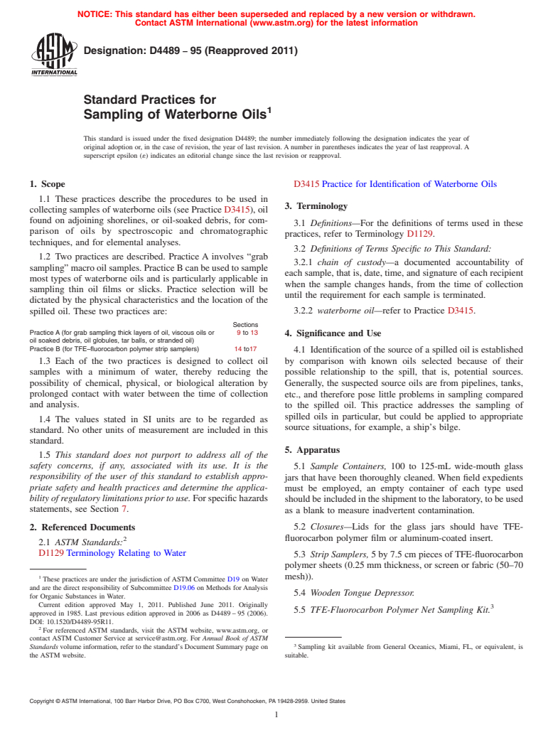 ASTM D4489-95(2011) - Standard Practices for Sampling of Waterborne Oils