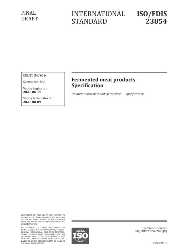 ISO/FDIS 23854 - Fermented meat products -- Specification