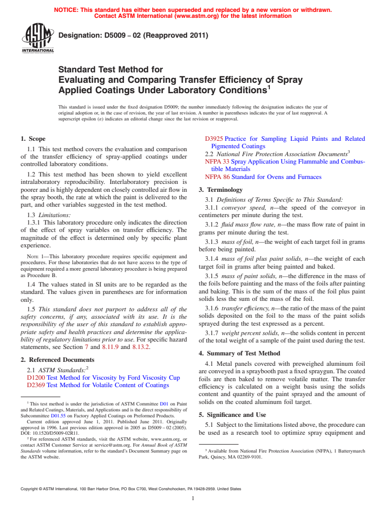 ASTM D5009-02(2011) - Standard Test Method for Evaluating and Comparing Transfer Efficiency of Spray Applied Coatings Under Laboratory Conditions