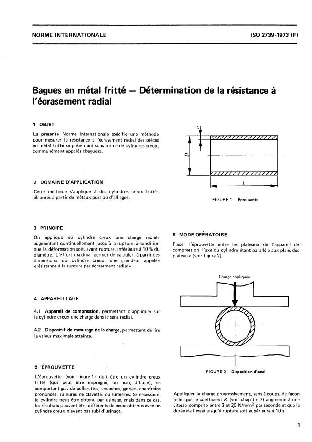 ISO 2739:1973 - Bagues en métal fritté -- Détermination de la résistance a l'écrasement radial