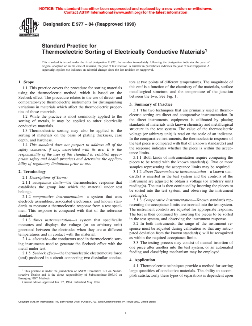 ASTM E977-84(1999) - Standard Practice for Thermoelectric Sorting of Electrically Conductive Materials