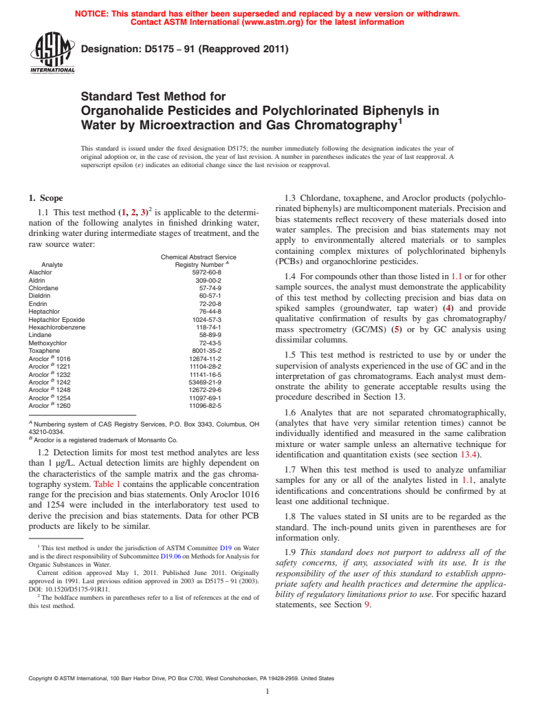 ASTM D5175-91(2011) - Standard Test Method for Organohalide Pesticides and Polychlorinated Biphenyls in Water by Microextraction and Gas Chromatography