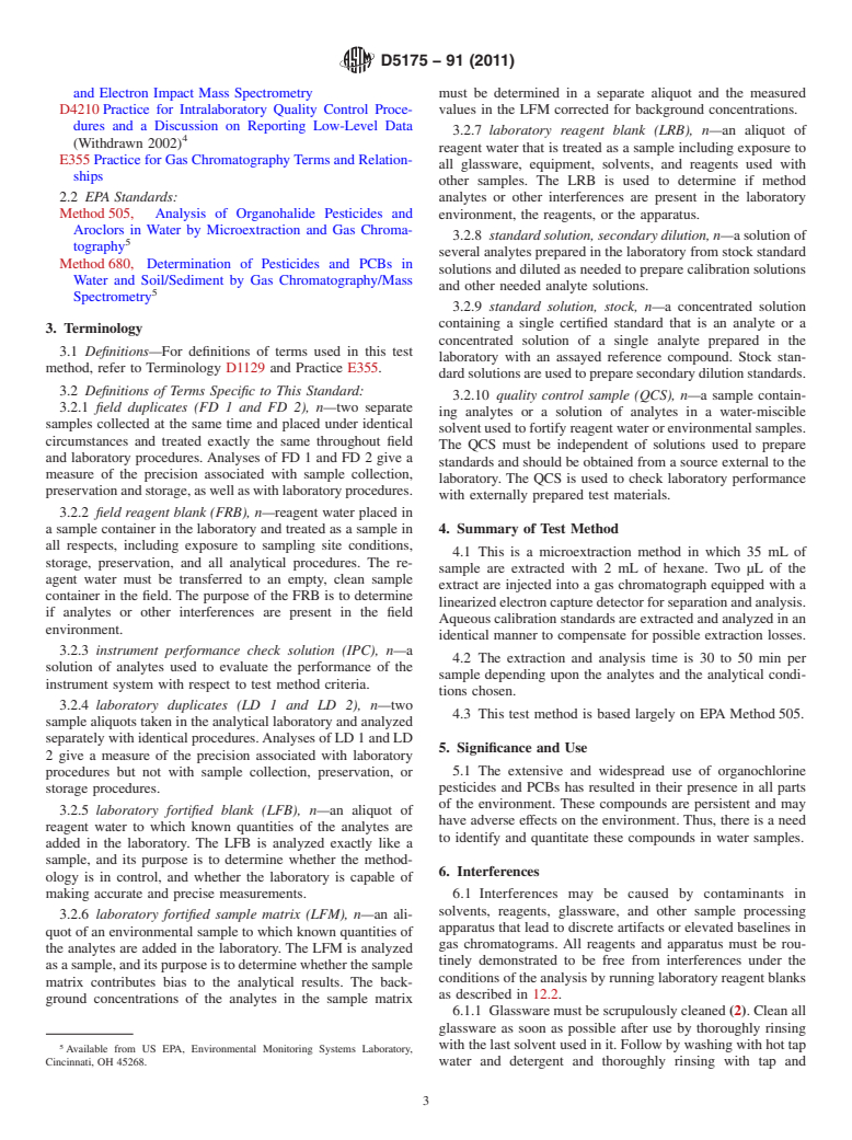 ASTM D5175-91(2011) - Standard Test Method for Organohalide Pesticides and Polychlorinated Biphenyls in Water by Microextraction and Gas Chromatography