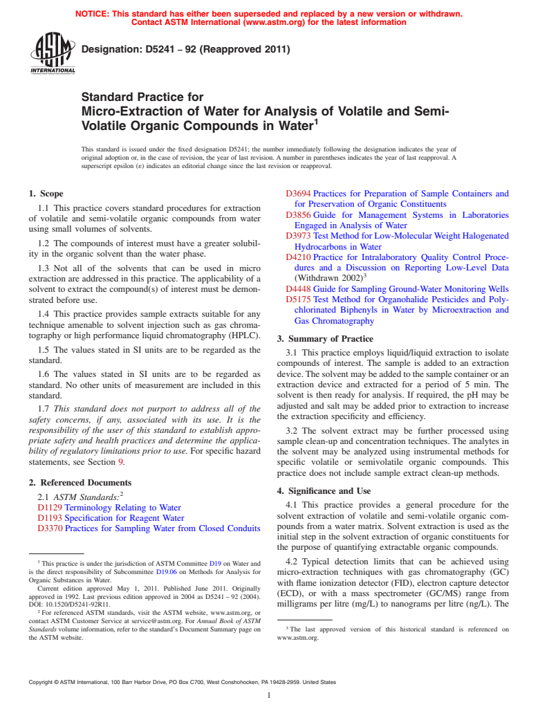 ASTM D5241-92(2011) - Standard Practice for Micro-Extraction of Water for  Analysis of Volatile and Semi-Volatile Organic Compounds in Water