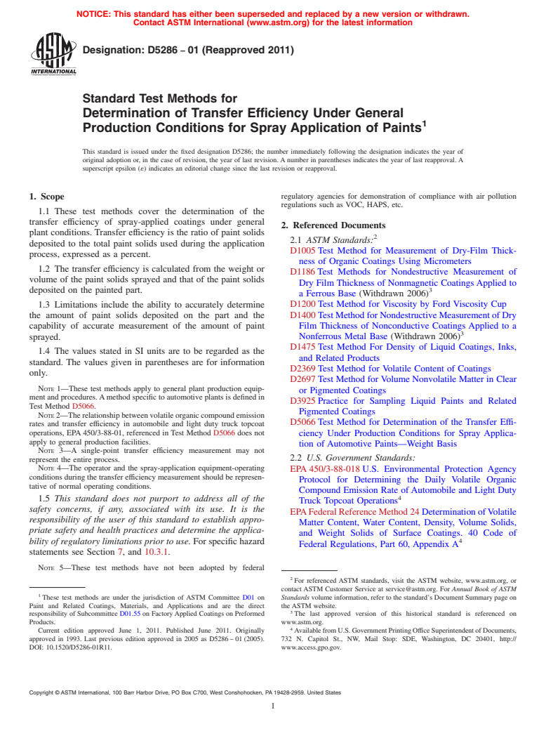 ASTM D5286-01(2011) - Standard Test Methods for Determination of Transfer Efficiency Under General Production Conditions for Spray Application of Paints