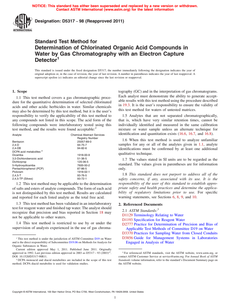 ASTM D5317-98(2011) - Standard Test Method for Determination of Chlorinated Organic Acid Compounds in Water by Gas Chromatography with an Electron Capture Detector