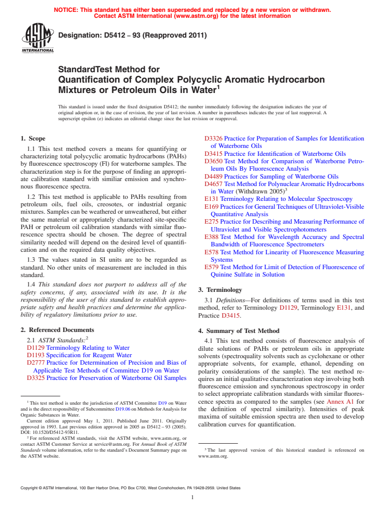 ASTM D5412-93(2011) - Standard Test Method for Quantification of Complex Polycyclic Aromatic Hydrocarbon Mixtures or Petroleum Oils in Water