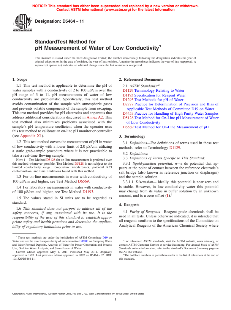 ASTM D5464-11 - Standard Test Method for pH Measurement of Water of Low Conductivity