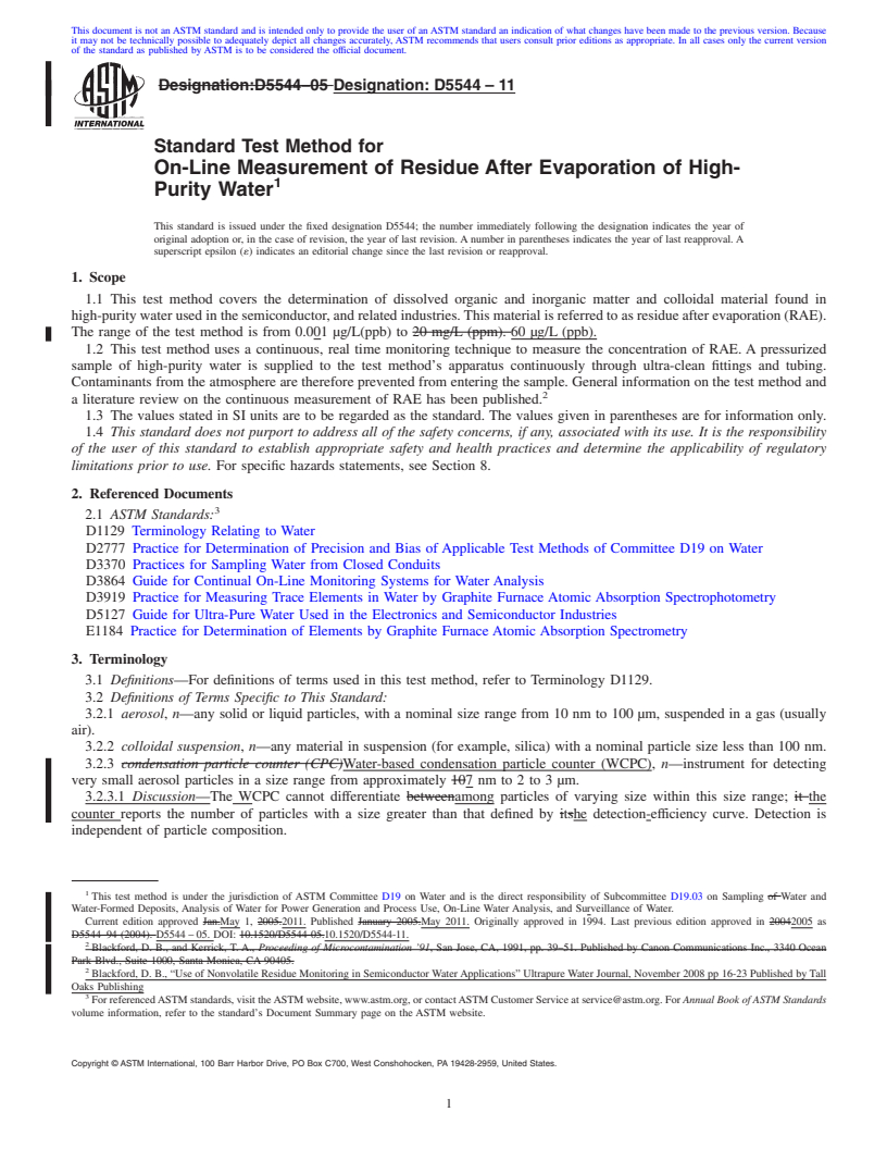 REDLINE ASTM D5544-11 - Standard Test Method for On-Line Measurement of Residue After Evaporation of High-Purity Water