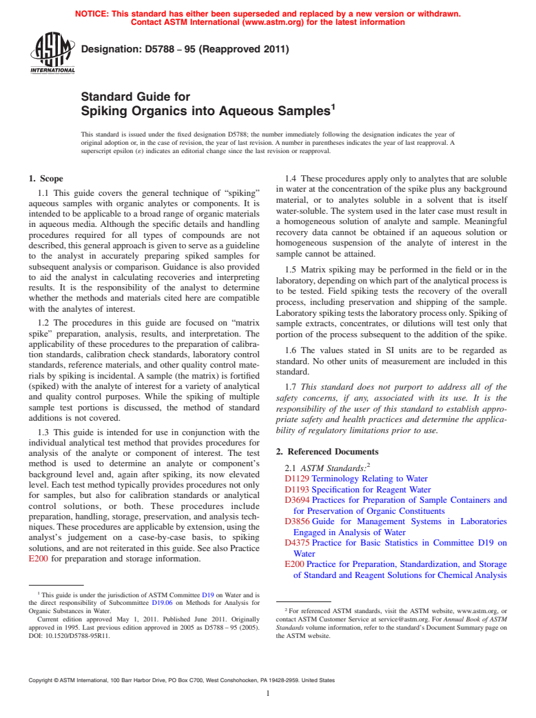 ASTM D5788-95(2011) - Standard Guide for Spiking Organics into Aqueous Samples