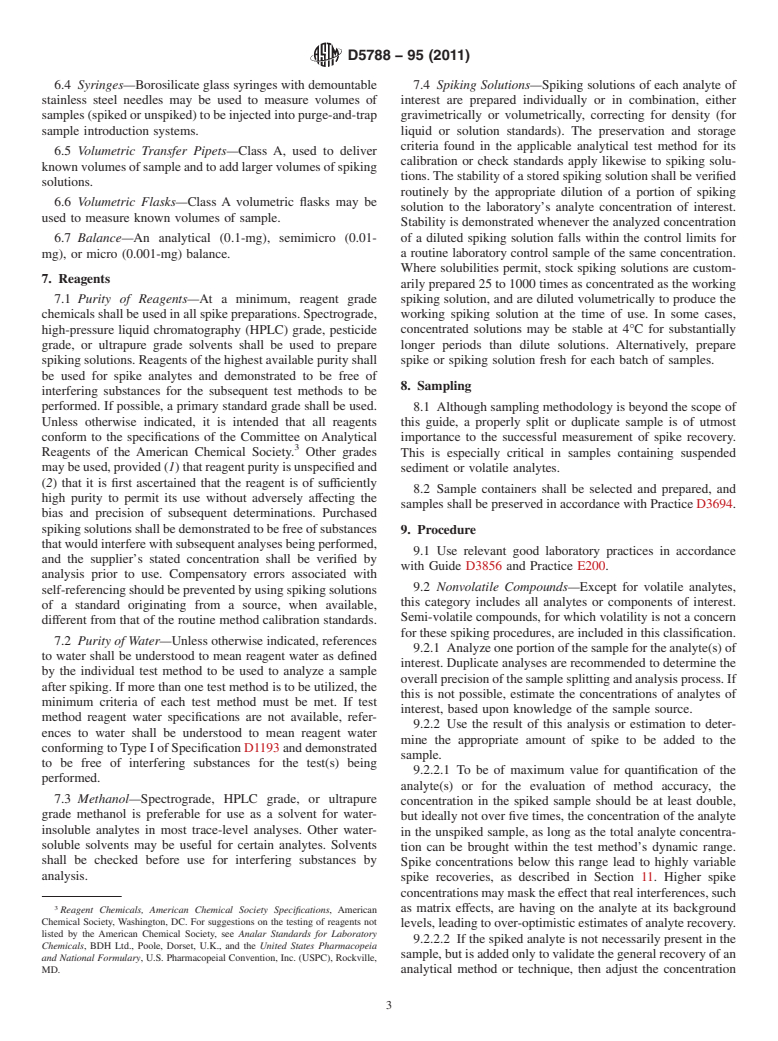 ASTM D5788-95(2011) - Standard Guide for Spiking Organics into Aqueous Samples