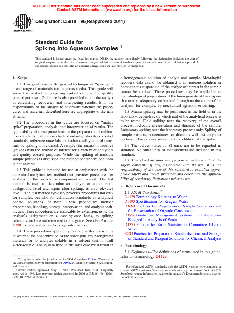 ASTM D5810-96(2011) - Standard Guide for Spiking into Aqueous Samples