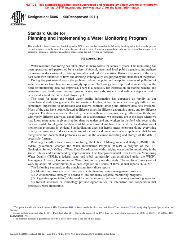 ASTM D5851-95(2011) - Standard Guide for Planning and Implementing a Water Monitoring Program