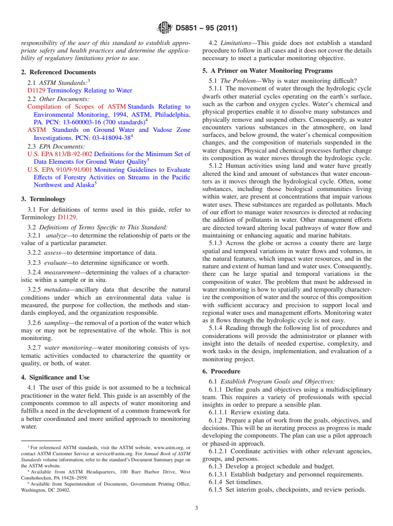 ASTM D5851-95(2011) - Standard Guide for Planning and Implementing a Water Monitoring Program