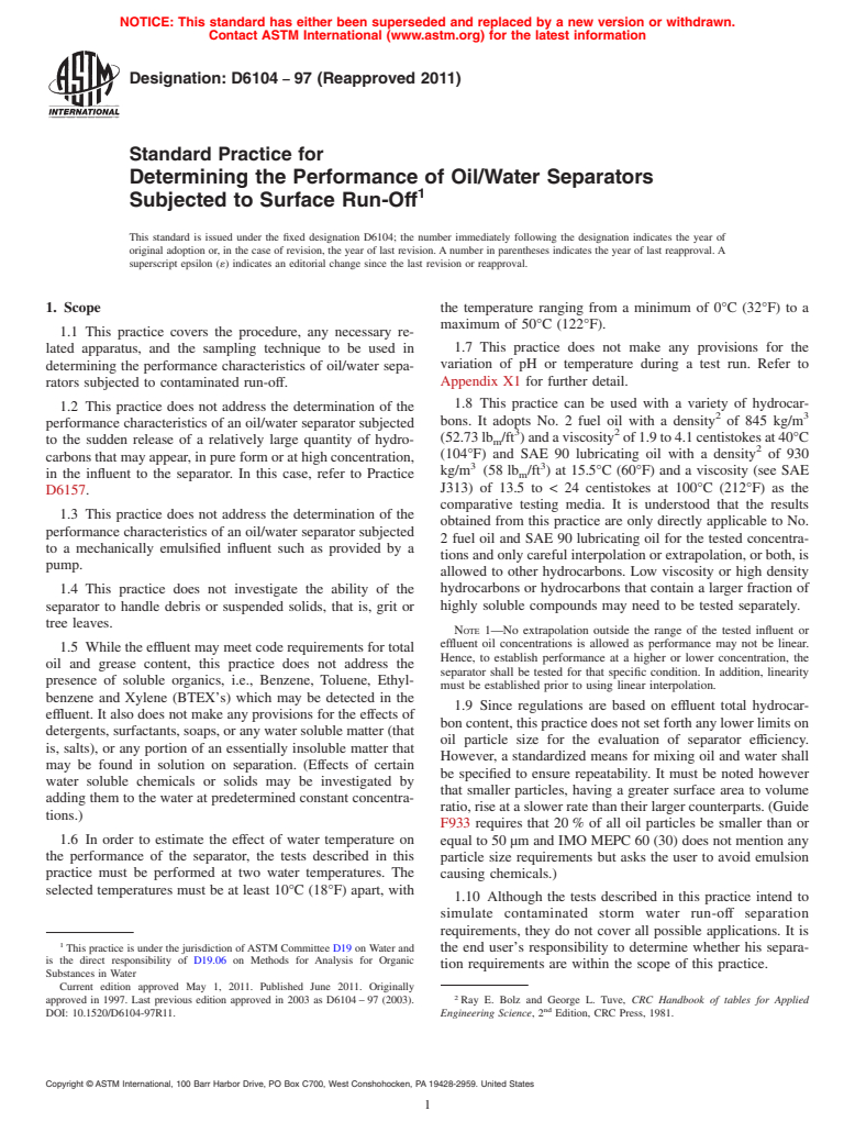 ASTM D6104-97(2011) - Standard Practice for Determining the Performance of Oil/Water Separators Subjected to Surface Run-Off