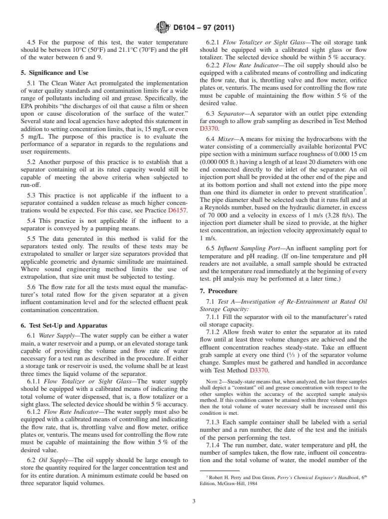 ASTM D6104-97(2011) - Standard Practice for Determining the Performance of Oil/Water Separators Subjected to Surface Run-Off