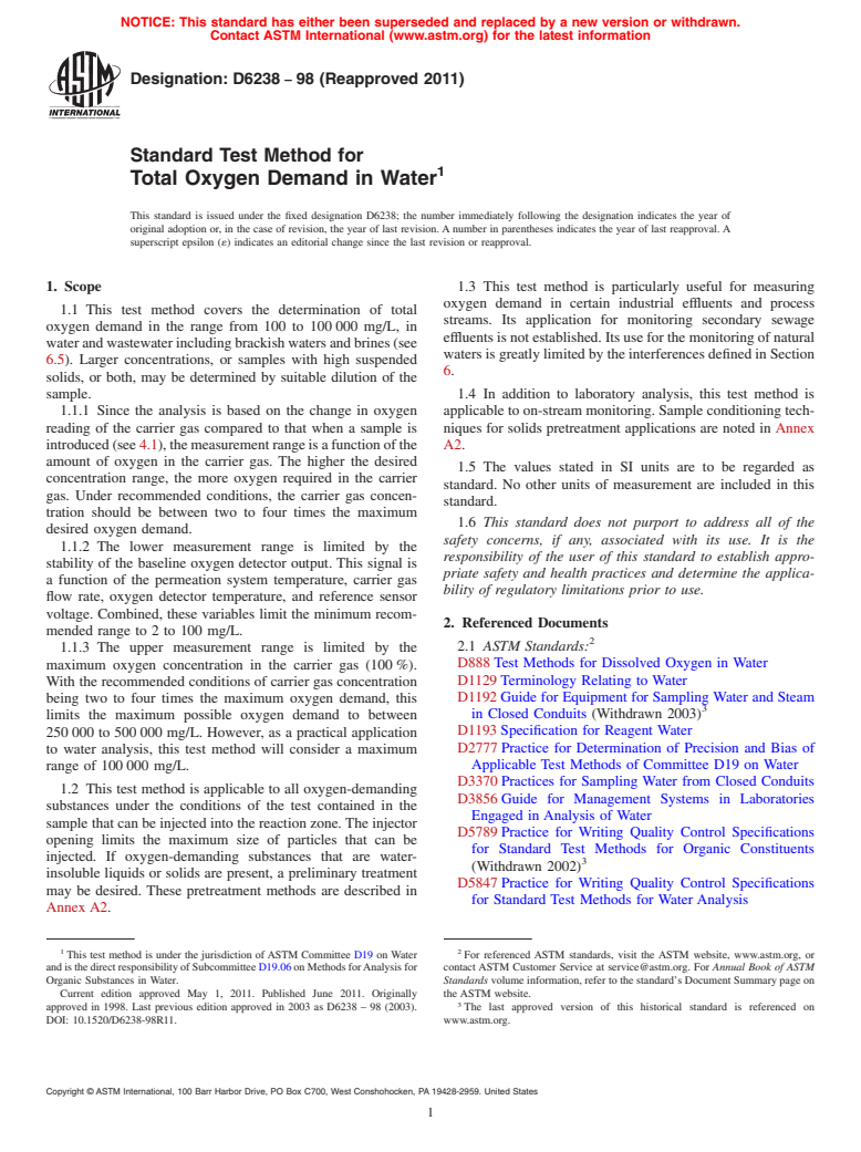 ASTM D6238-98(2011) - Standard Test Method for Total Oxygen Demand in Water