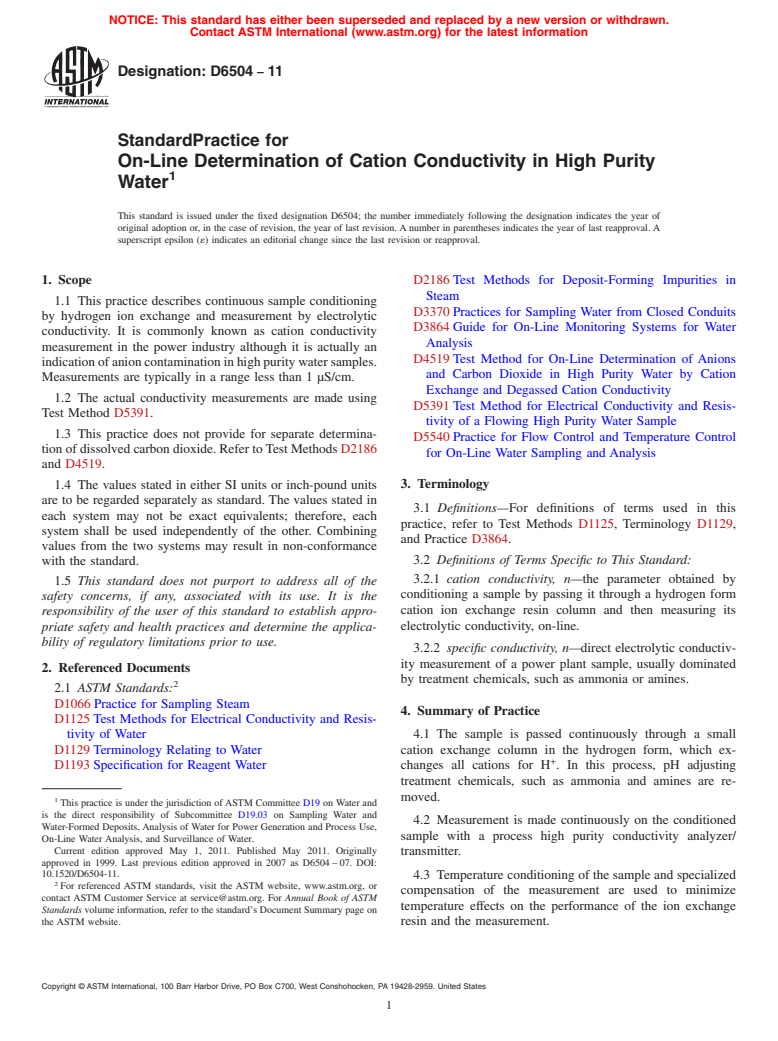 ASTM D6504-11 - Standard Practice for On-Line Determination of Cation Conductivity in High Purity Water