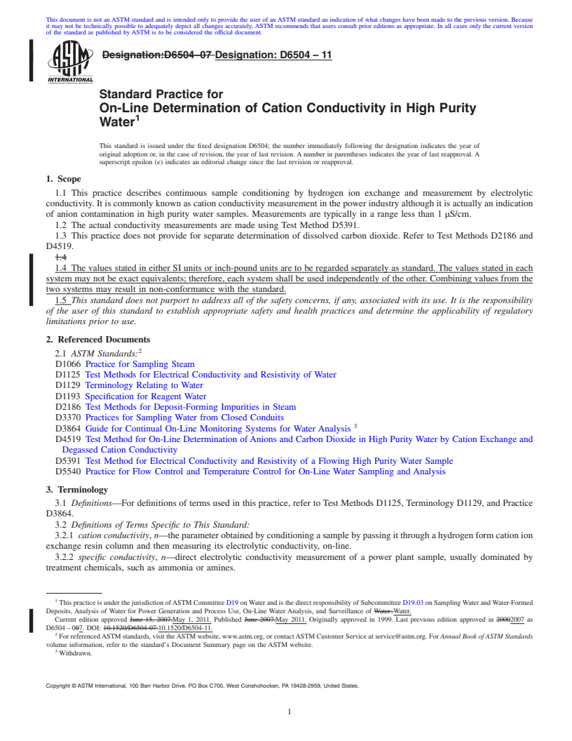 REDLINE ASTM D6504-11 - Standard Practice for On-Line Determination of Cation Conductivity in High Purity Water