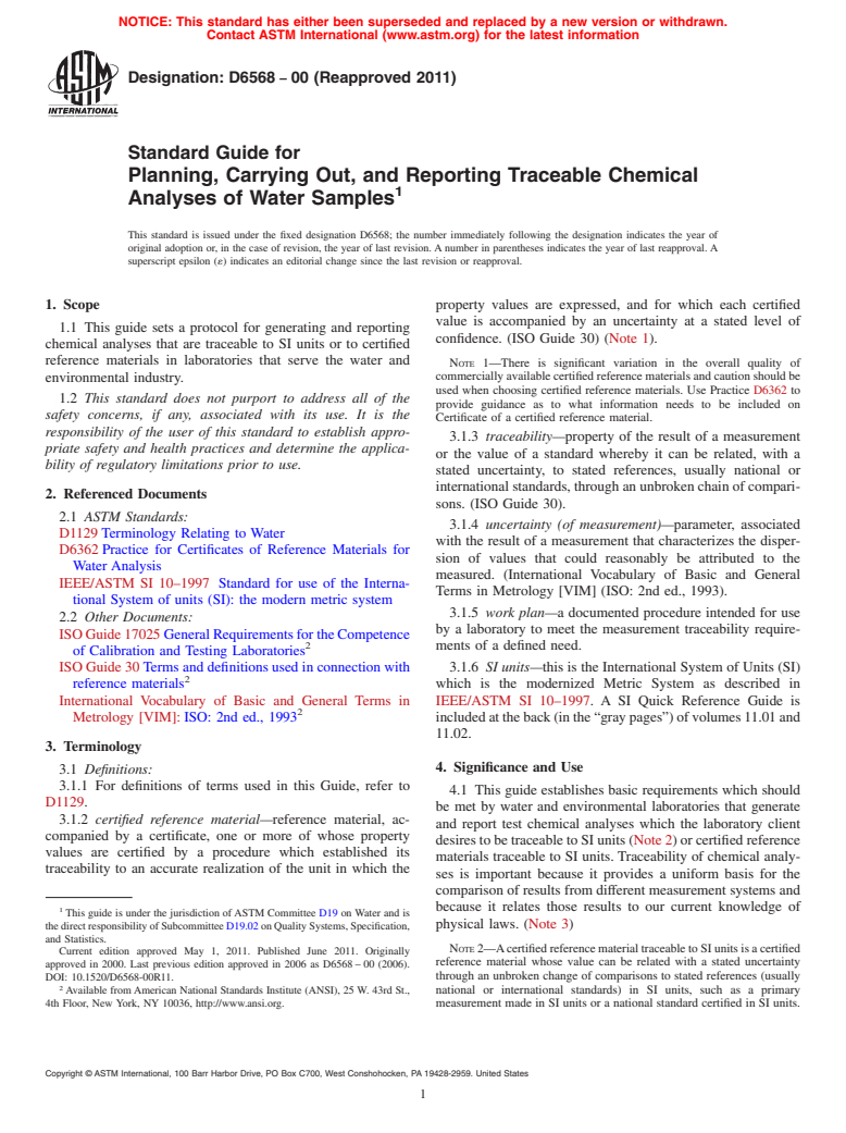 ASTM D6568-00(2011) - Standard Guide for Planning, Carrying Out, and Reporting Traceable Chemical Analyses of Water Samples