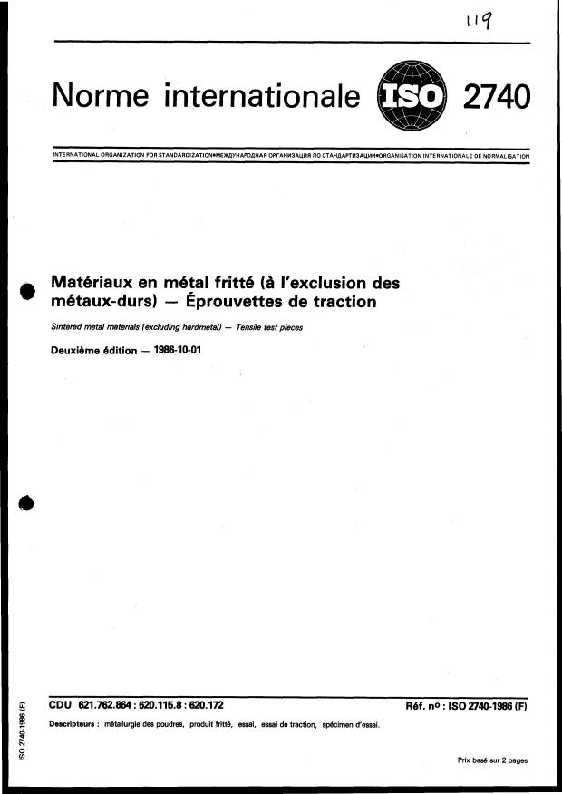 ISO 2740:1986 - Matériaux en métal fritté (a l'exclusion des métaux-durs) -- Eprouvettes de traction