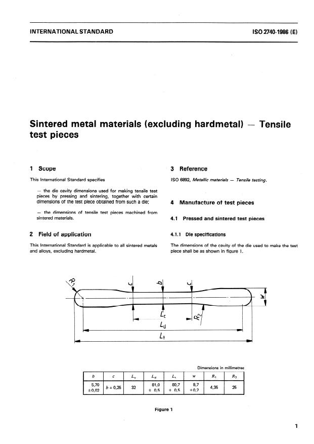 ISO 2740:1986 - Sintered metal materials (excluding hardmetal) -- Tensile test pieces