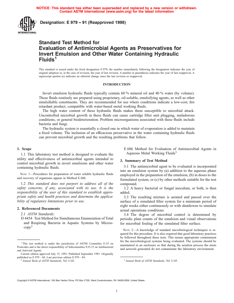 ASTM E979-91(1998) - Standard Test Method for Evaluation of Antimicrobial Agents as Preservatives for Invert Emulsion and Other Water Containing Hydraulic Fluids