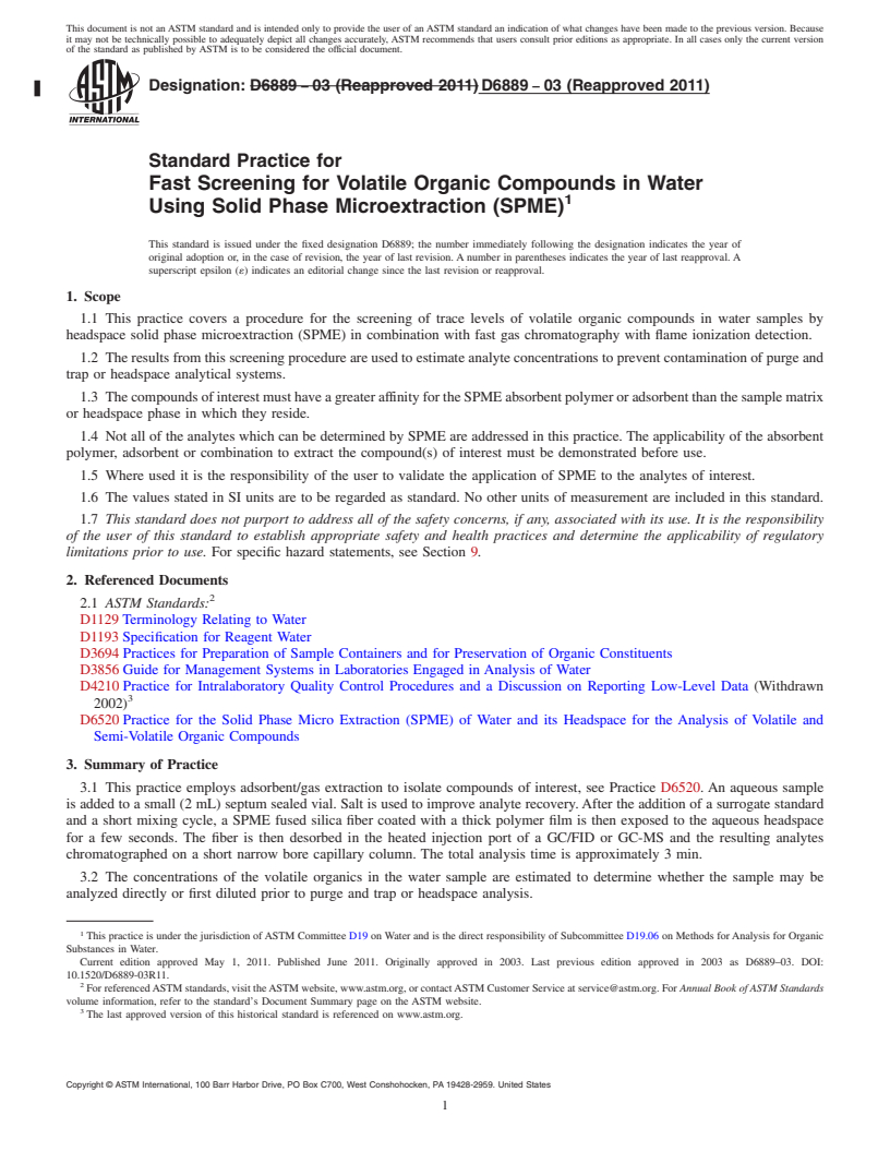 REDLINE ASTM D6889-03(2011) - Standard Practice for Fast Screening for Volatile Organic Compounds in Water Using Solid Phase Microextraction (SPME)