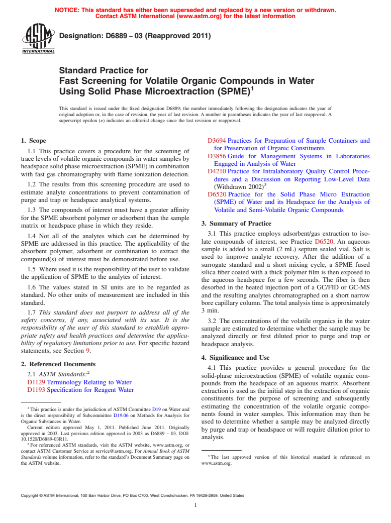 ASTM D6889-03(2011) - Standard Practice for Fast Screening for Volatile Organic Compounds in Water Using Solid Phase Microextraction (SPME)