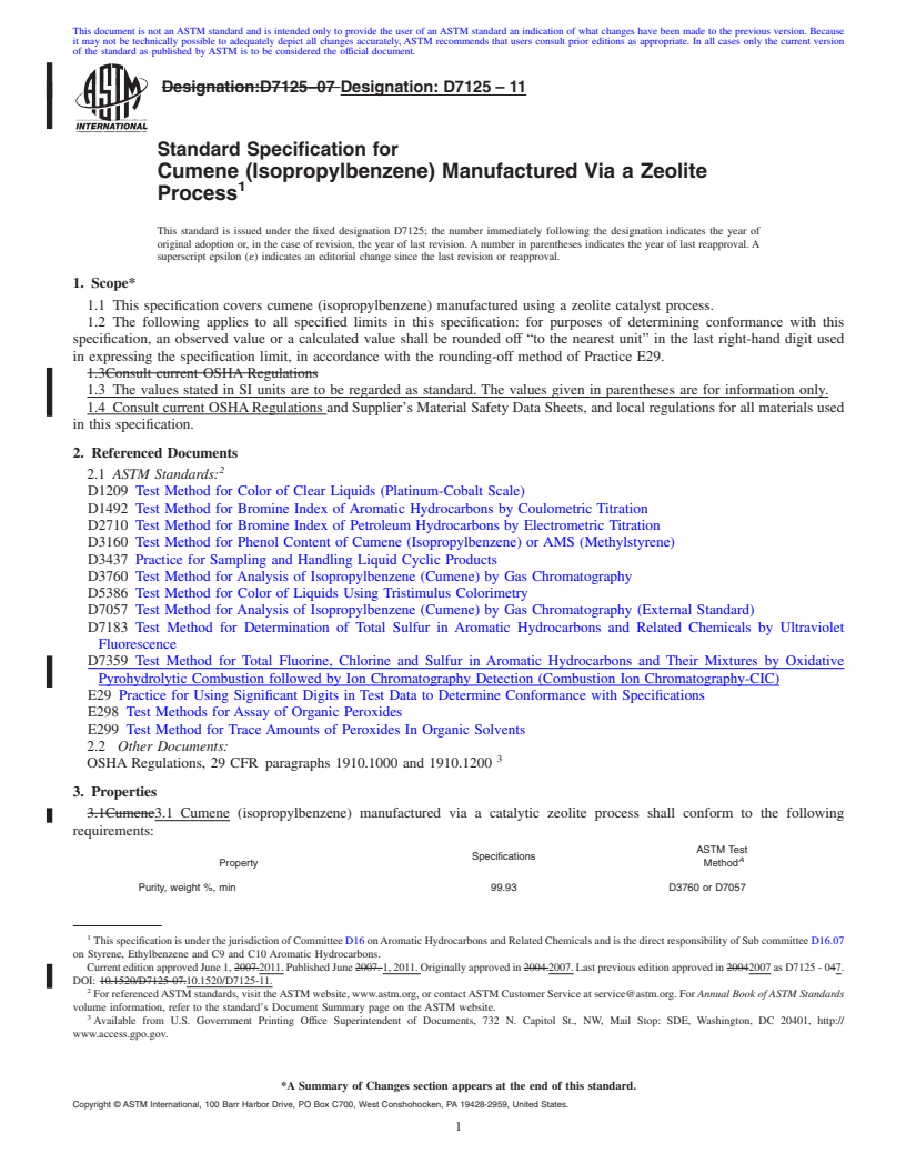 REDLINE ASTM D7125-11 - Standard Specification for Cumene (Isopropylbenzene) Manufactured Via a Zeolite Process