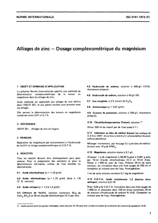 ISO 2741:1973 - Alliages de zinc -- Dosage complexométrique du magnésium