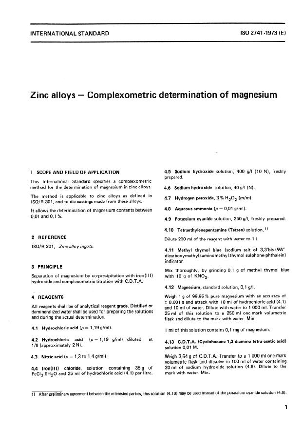 ISO 2741:1973 - Zinc alloys -- Complexometric determination of magnesium